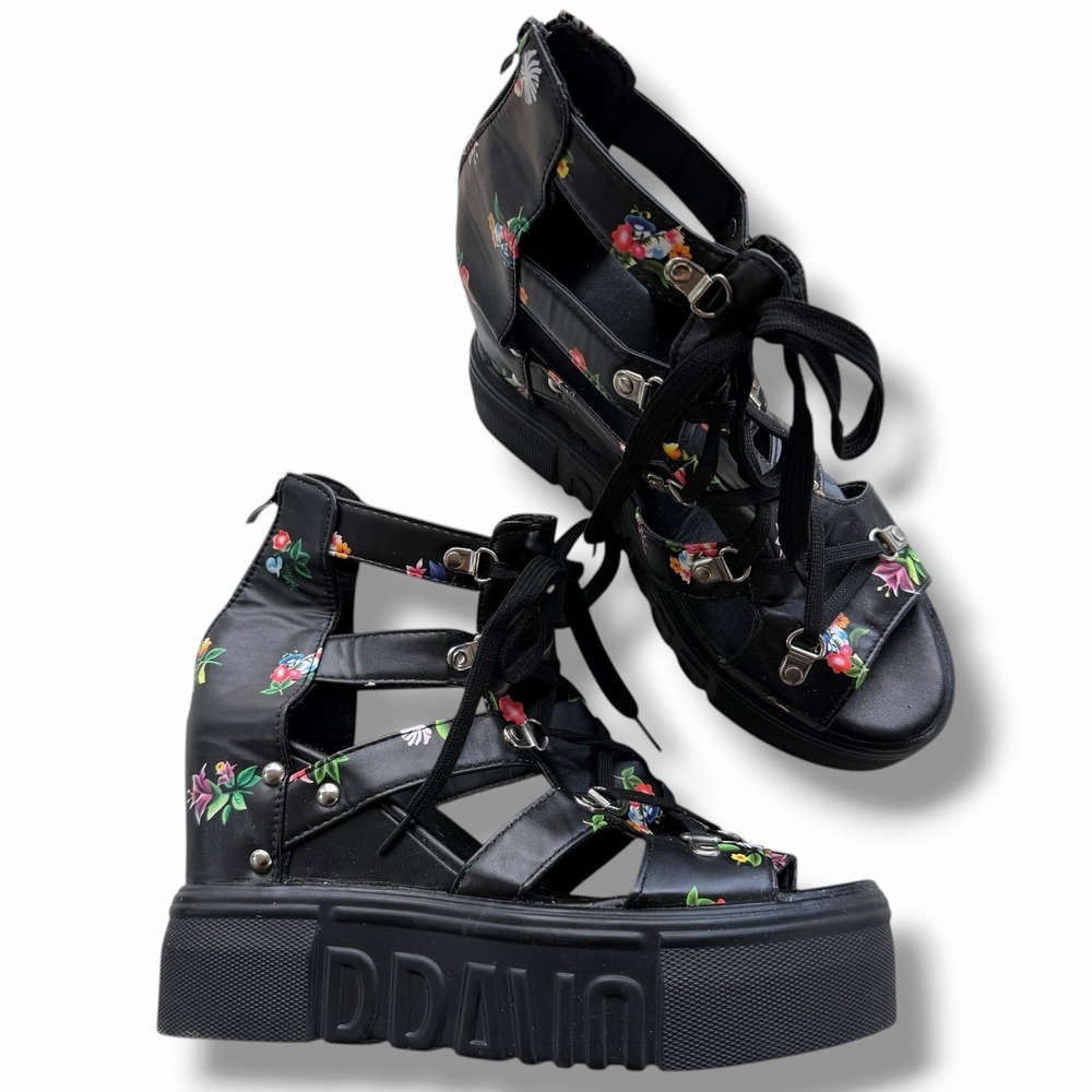 Women 42 Black Pink Floral Platform Chunky Lace Up Wedge Gladiator Sandals Roman